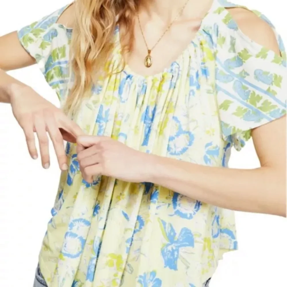 Free People Baja Babe Tee Lemon Gelato XS NWT Yellow Blue White Floral